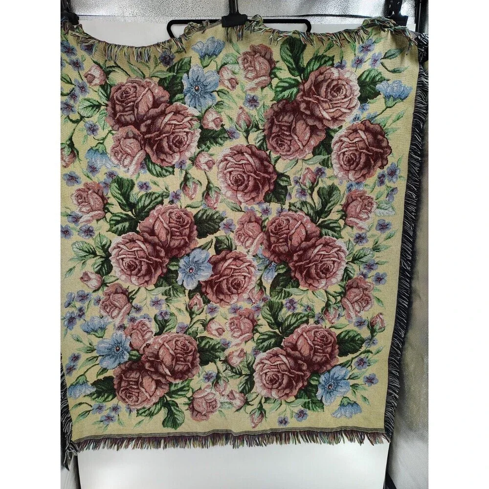 Vintage Large Floral Design Fringed Woven Citton Tapestry Throw Blanket 49x54